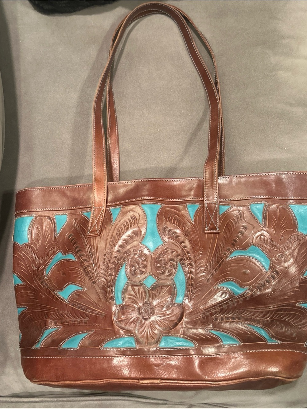 Leaders in Leather Turquoise Brown Shoulder Bag Laser Cut Out Detail Paraguay